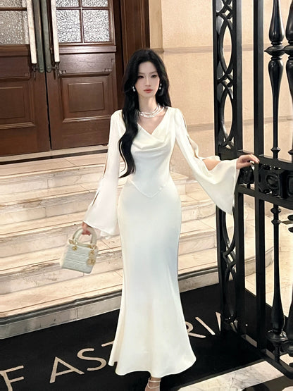 Artistic Mermaid Cowl Neck White Satin With Long Sleeve Outdoor Semi Formal Summer Garden Date Night Outfit Wedding Guest Dresses RB5077