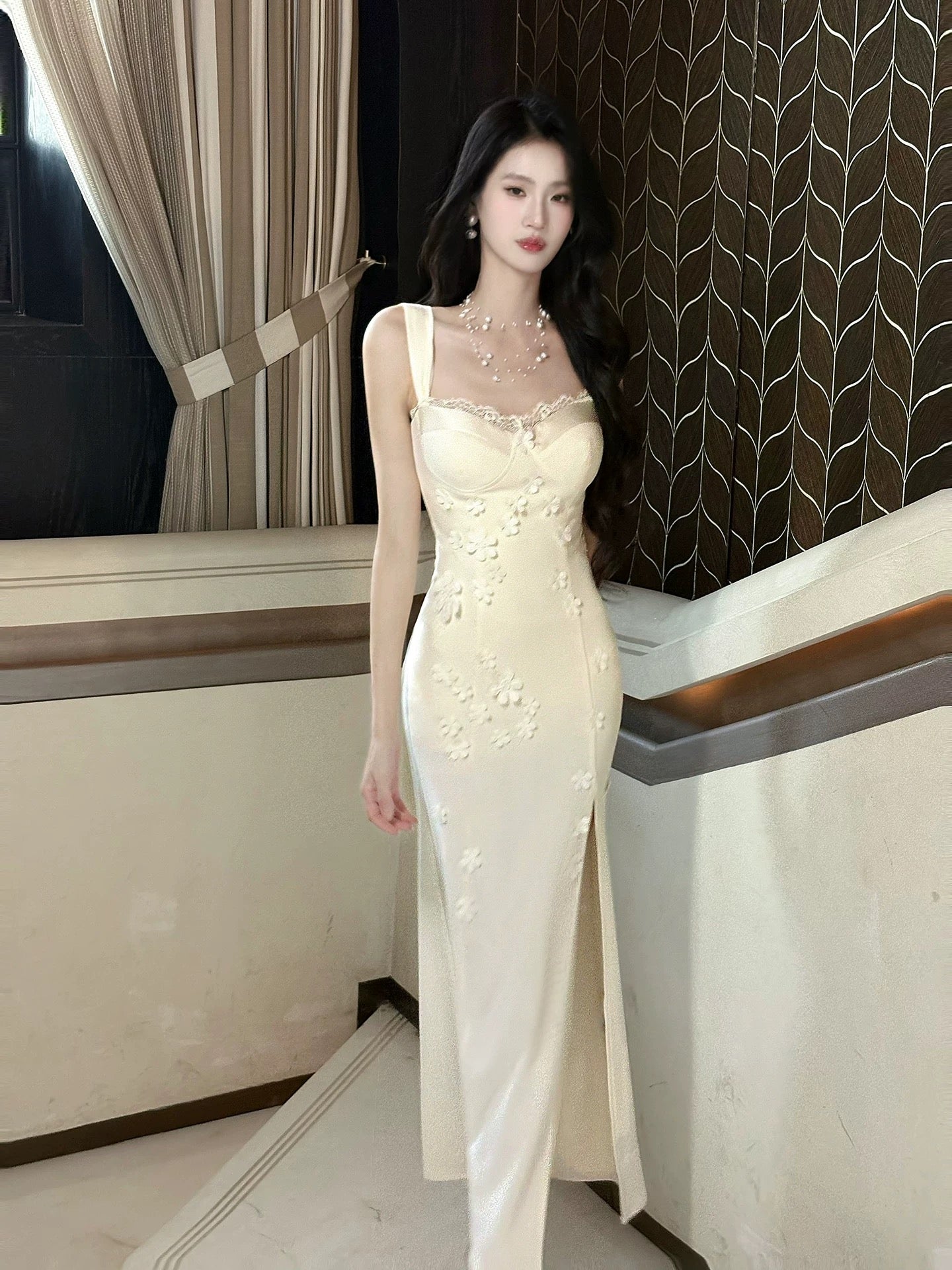 Sexy Women's Sheath Square Neck White Lace With High Split Maxi Dress Date Night Outfits Outdoor Semi Formal Wedding Guest Dresses RB5079