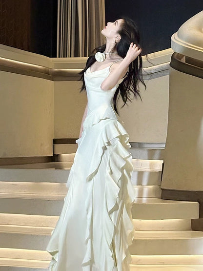 Pretty A line Spaghetti Strap White Satin Full-hem Maxi Semi Formal Garden Date Night Outfit Wedding Guest Dresses RB5081