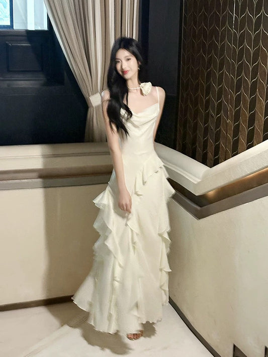 Pretty A line Spaghetti Strap White Satin Full-hem Maxi Semi Formal Garden Date Night Outfit Wedding Guest Dresses RB5081