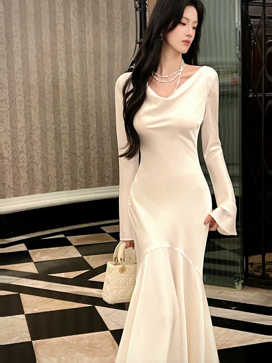 Artistic Mermaid Cowl Neck White Satin With Long Sleeve Outdoor Semi Formal Summer Garden Date Night Outfits Wedding Guest Dresses RB5082