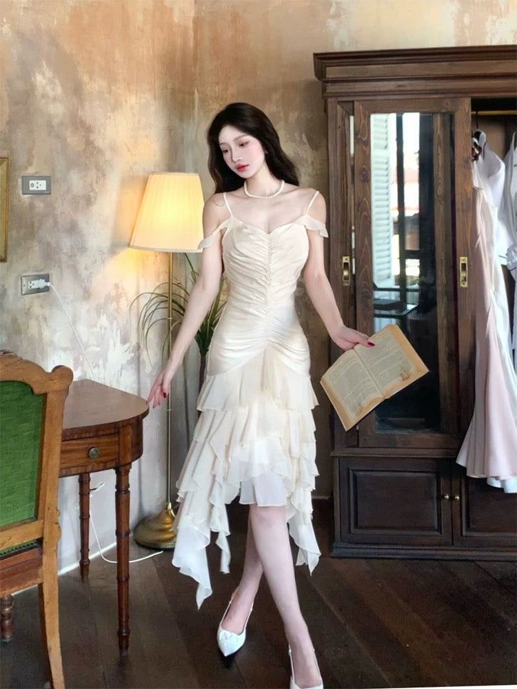Pretty Mermaid Spaghetti Strap White Chiffon Tea Length Maxi Semi Formal Garden Date Night Outfit Wedding Guest Dresses RB5083