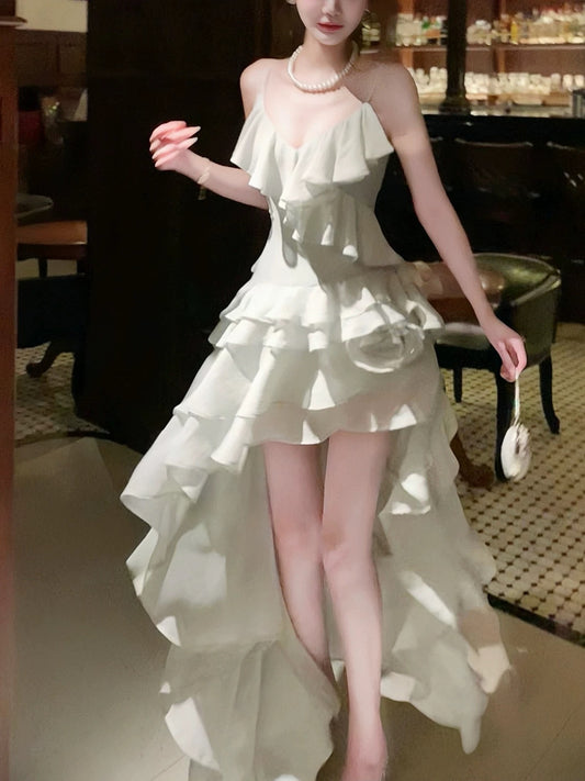 Sexy Women's High Low Spaghetti Strap White Chiffon With Layers Maxi Dress Date Night Outfits Outdoor Semi Formal Wedding Guest Dresses RB5084