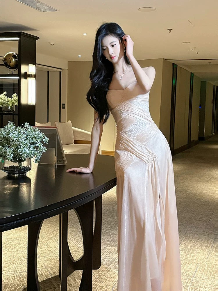 Pretty Mermaid Spaghetti Strap Pink Satin Ankle Length Maxi Semi Formal Garden Date Night Outfit Wedding Guest Dresses RB5085