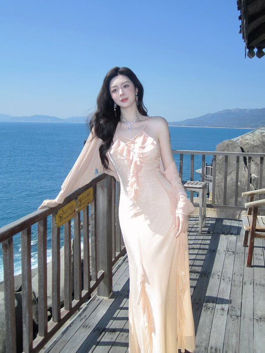 Sexy Women's Mermaid Spaghetti Strap Pink Chiffon With Layers Maxi Dress Date Night Outfits Outdoor Semi Formal Wedding Guest Dress RB5086
