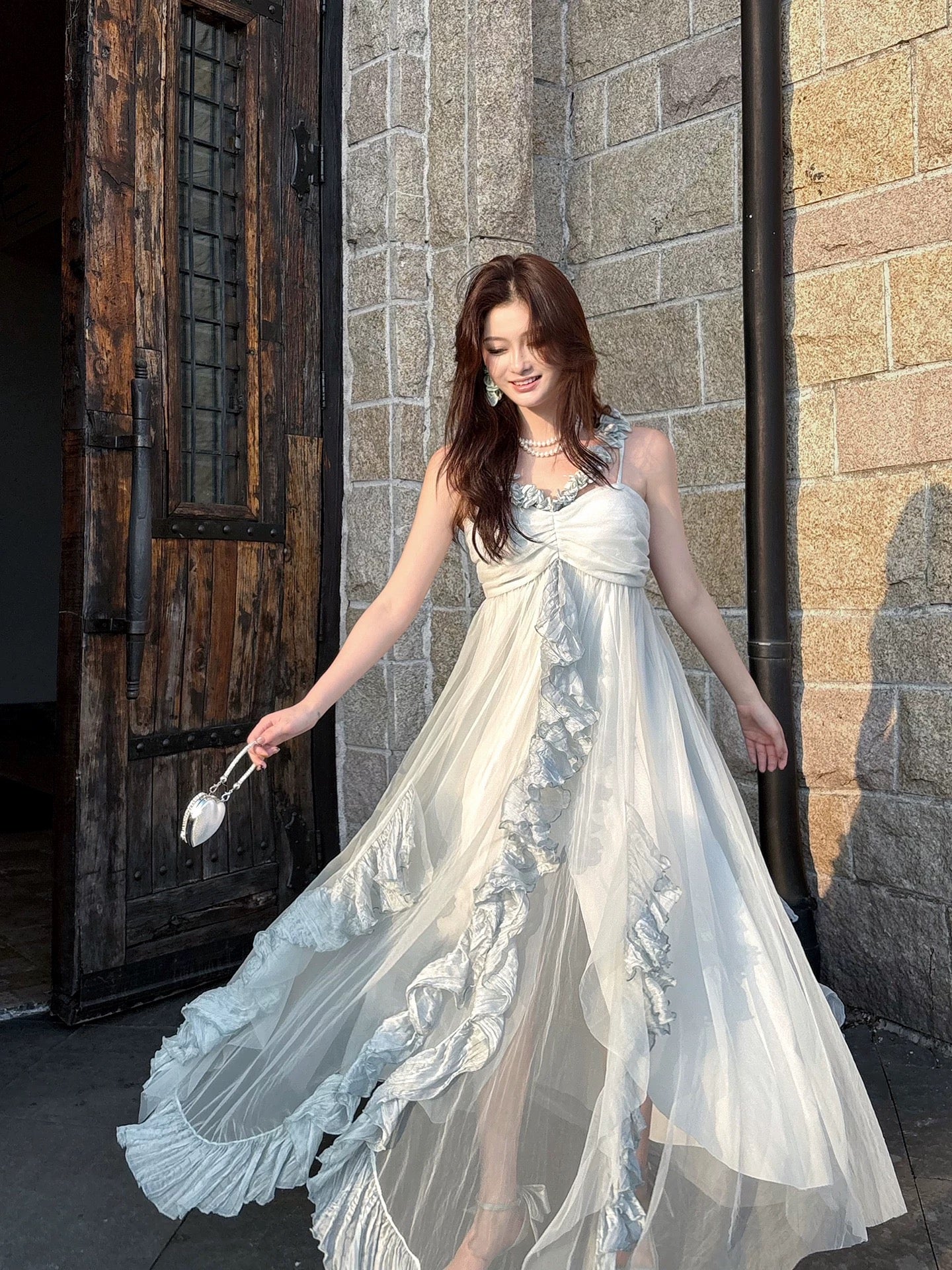 Pretty A Line Spaghetti Strap Light Sky Blue Tulle Ankle Length Maxi Semi Formal Garden Date Night Outfit Wedding Guest Dresses RB5087