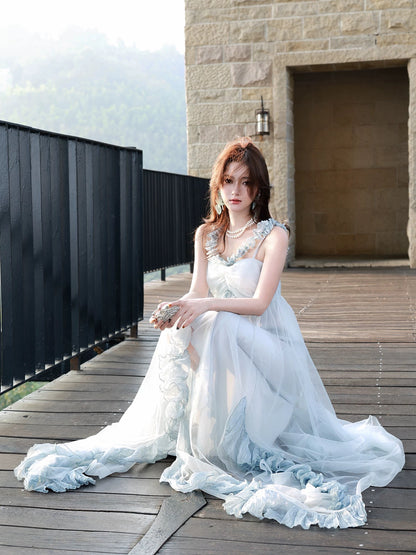 Pretty A Line Spaghetti Strap Light Sky Blue Tulle Ankle Length Maxi Semi Formal Garden Date Night Outfit Wedding Guest Dresses RB5087