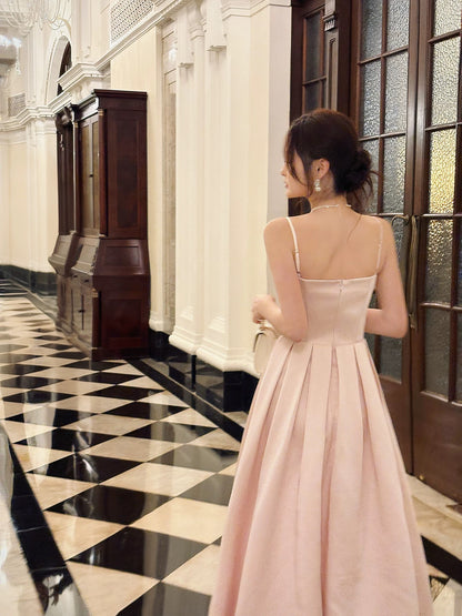 Sexy Women's A line Spaghetti Strap Pink Satin Midi Length Maxi Dress Date Night Outfits Outdoor Semi Formal Wedding Guest Dress RB5088