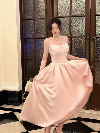 Sexy Women's A line Spaghetti Strap Pink Satin Midi Length Maxi Dress Date Night Outfits Outdoor Semi Formal Wedding Guest Dress RB5088