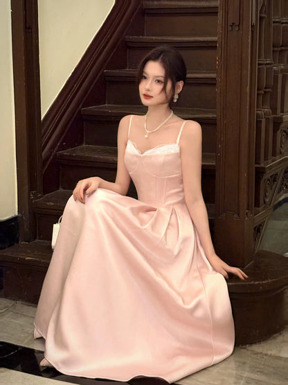 Sexy Women's A line Spaghetti Strap Pink Satin Midi Length Maxi Dress Date Night Outfits Outdoor Semi Formal Wedding Guest Dress RB5088