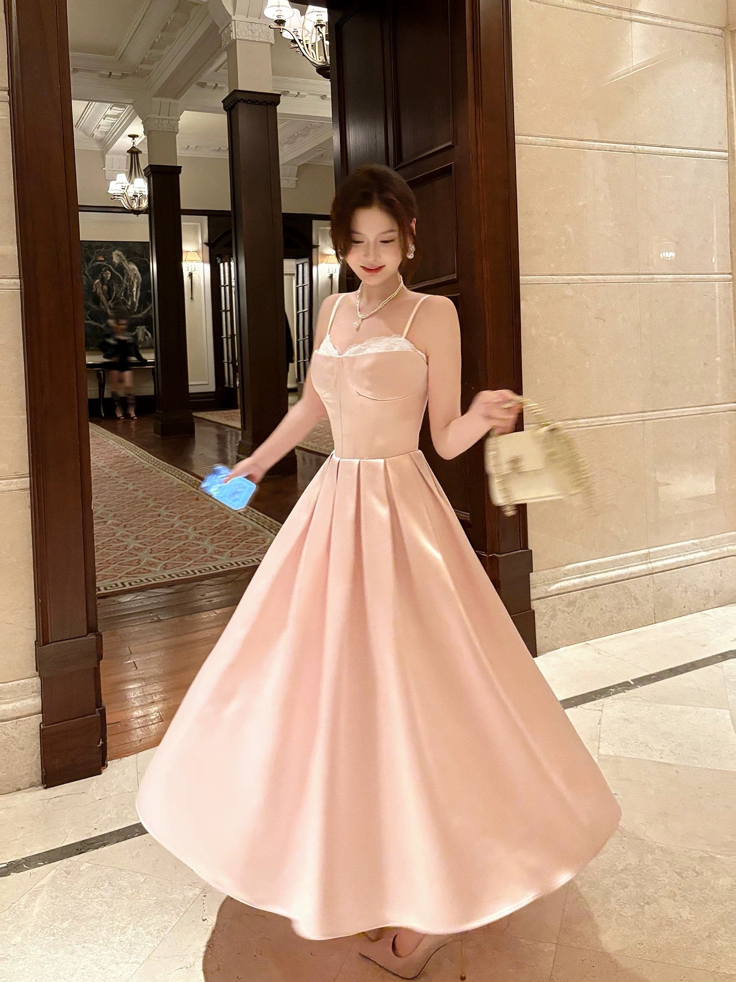 Sexy Women's A line Spaghetti Strap Pink Satin Midi Length Maxi Dress Date Night Outfits Outdoor Semi Formal Wedding Guest Dress RB5088