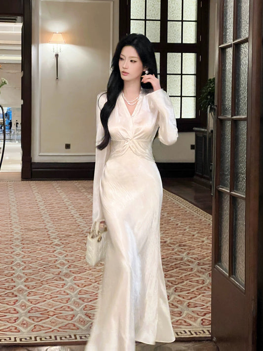 Artistic Mermaid V Neck White Satin With Long Sleeve Outdoor Semi Formal Summer Garden Date Night Outfits Wedding Guest Dresses RB5089