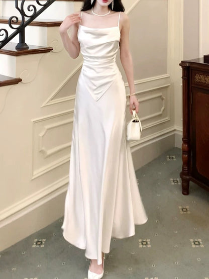 Dazzling A Line Spaghetti Strap White Satin With Ruffled Outdoor Semi Formal Garden Beach Event Outfits Wedding Guest Dresses RB5091