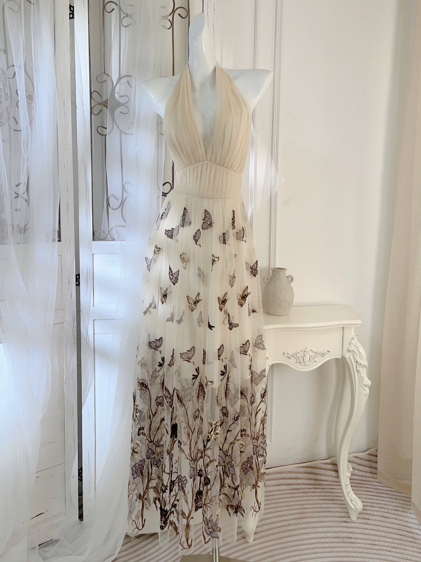 Unique Women's A line Halter Champagne Tulle With Lace Maxi Dress Date Night Outfits Outdoor Semi Formal Wedding Guest Dress RB5093