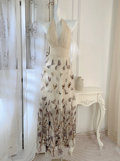 Unique Women's A line Halter Champagne Tulle With Lace Maxi Dress Date Night Outfits Outdoor Semi Formal Wedding Guest Dress RB5093