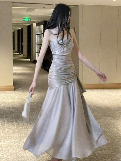 Unique Women's Mermaid Spaghetti Strap Grey With Ruffled Maxi Dress Date Night Outfits Outdoor Semi Formal Wedding Guest Dress RB5094