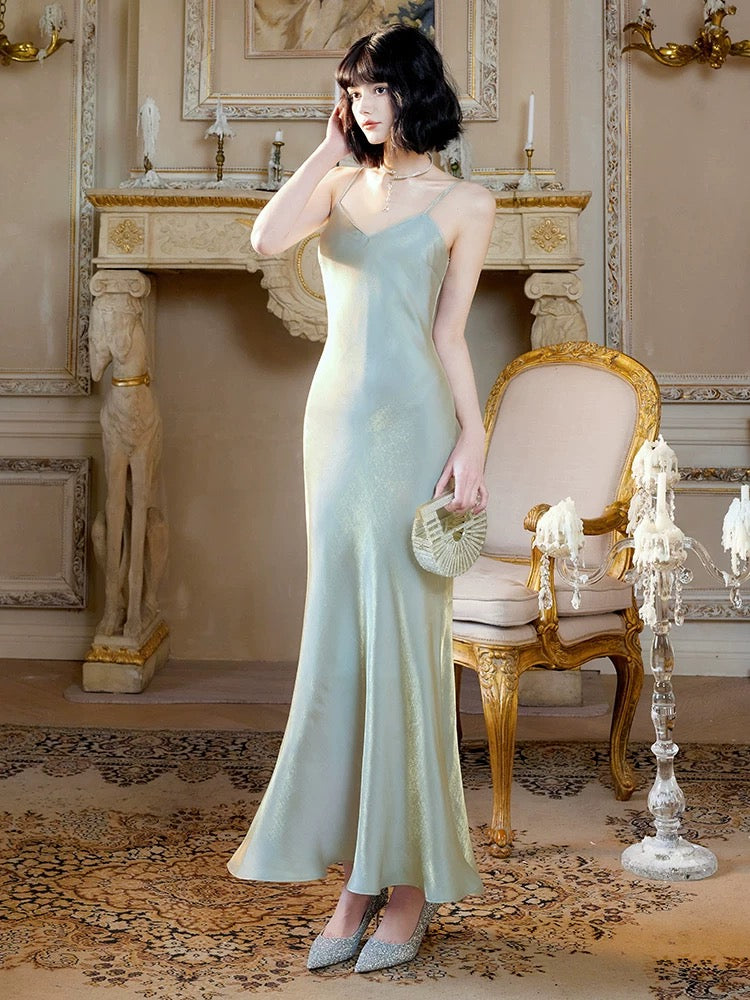 Unique Women's Mermaid Spaghetti Strap Green Maxi Dress Date Night Outfits Outdoor Semi Formal Wedding Guest Dress RB5095