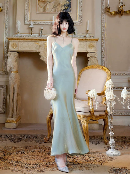Unique Women's Mermaid Spaghetti Strap Green Maxi Dress Date Night Outfits Outdoor Semi Formal Wedding Guest Dress RB5095