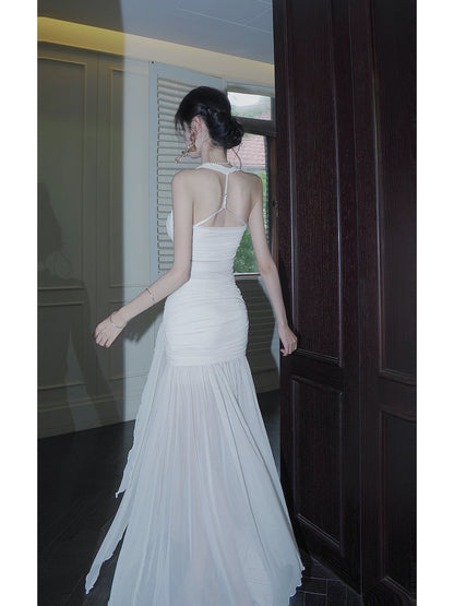 Unique Women's Mermaid Halter Chiffon White Ruffled Maxi Dress Date Night Outfits Outdoor Semi Formal Wedding Guest Dress RB5097