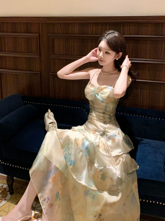 Unique Women's Mermaid Green Floral Chiffon Ruffled Maxi Dress Date Night Outfits Outdoor Semi Formal Wedding Guest Dresses RB5098