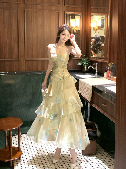 Unique Women's Mermaid Green Floral Chiffon Ruffled Maxi Dress Date Night Outfits Outdoor Semi Formal Wedding Guest Dresses RB5098