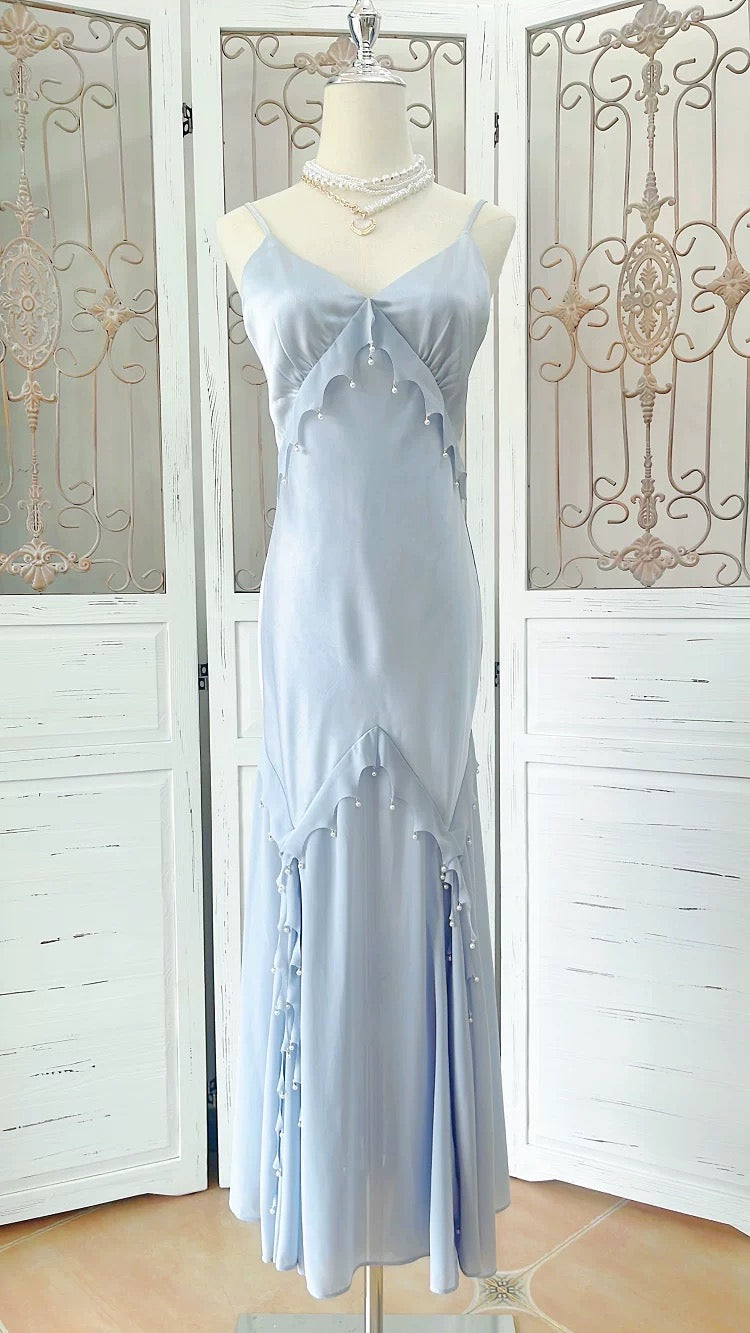 Modest Women's Mermaid Spaghetti Strap Dusty Blue Satin Maxi Dress Date Night Outfits Outdoor Semi Formal Wedding Guest Dresses RB5102
