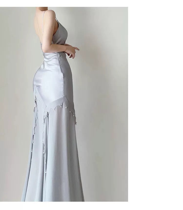 Modest Women's Mermaid Spaghetti Strap Dusty Blue Satin Maxi Dress Date Night Outfits Outdoor Semi Formal Wedding Guest Dresses RB5102