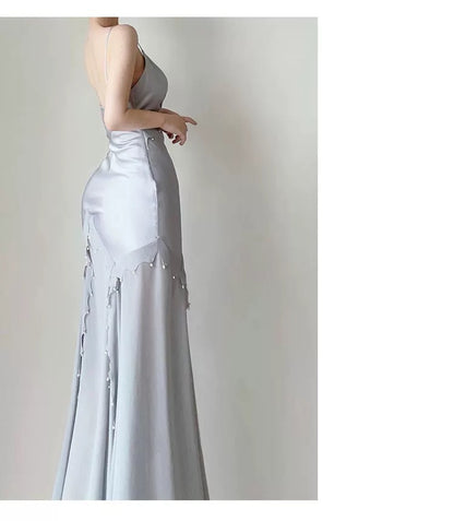Modest Women's Mermaid Spaghetti Strap Dusty Blue Satin Maxi Dress Date Night Outfits Outdoor Semi Formal Wedding Guest Dresses RB5102