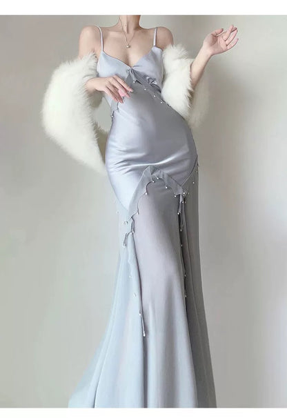 Modest Women's Mermaid Spaghetti Strap Dusty Blue Satin Maxi Dress Date Night Outfits Outdoor Semi Formal Wedding Guest Dresses RB5102