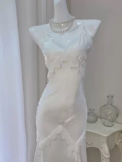 Modest Women's Mermaid Spaghetti Strap White Satin Maxi Dress Date Night Outfits Outdoor Semi Formal Wedding Guest Dresses RB5104