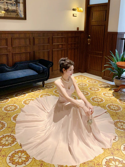 Dazzling A Line Spaghetti Strap Pink With Sequin Outdoor Semi Formal Garden Beach Event Outfits Wedding Guest Dresses RB5106