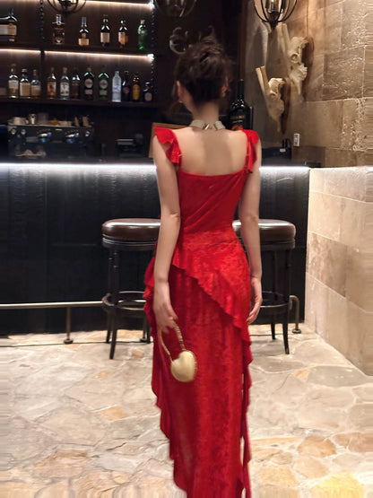 Stylish Mermaid Square Neck Red With Split Long Floor Length Evening Dresses Inspo Evening Outfits RB5109