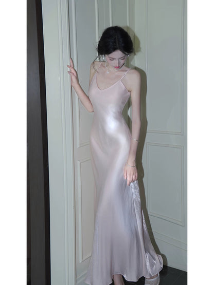 Modest Women's Mermaid Spaghetti Strap Pink Satin Maxi Dress Date Night Outfits Outdoor Semi Formal Wedding Guest Dress RB5110
