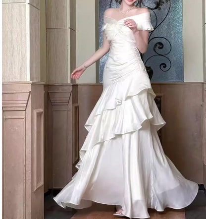 Ethereal Women's Mermaid Off The Shoulder White Maxi Dress Date Night Outfits Outdoor Semi Formal Wedding Guest Dresses RB5120
