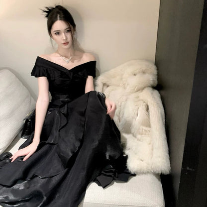 Ethereal Women's Mermaid Off The Shoulder Navy Blue Maxi Dress Date Night Outfits Outdoor Semi Formal Wedding Guest Dresses RB5119