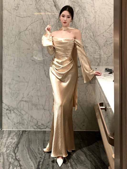 Stylish Mermaid Strapless Gold With Scarf Long Floor Length Evening Dresses Inspo Evening Outfits RB5113