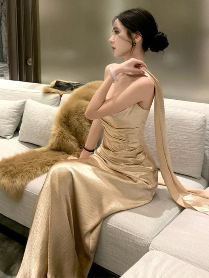 Stylish Mermaid Strapless Gold With Scarf Long Floor Length Evening Dresses Inspo Evening Outfits RB5113