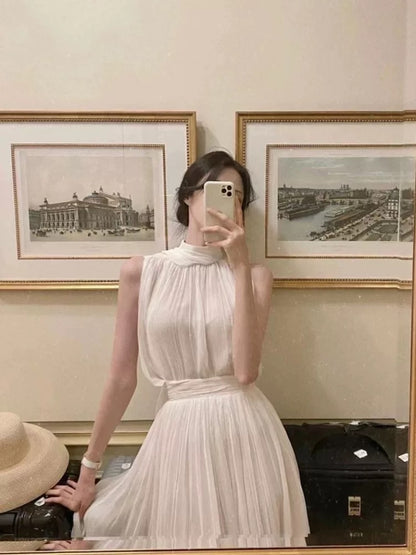 Stylish A Line High Neck White Chiffon With Scarf Long Floor Length Evening Dresses Inspo Evening Outfits RB5114