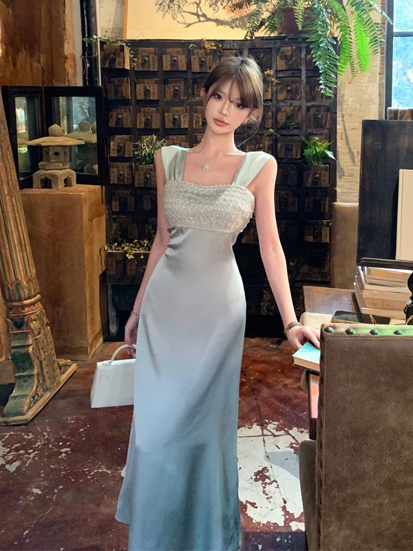 Ethereal Women's A Line Square Neck Blue Satin Maxi Dress Date Night Outfits Outdoor Semi Formal Wedding Guest Dresses RB5115
