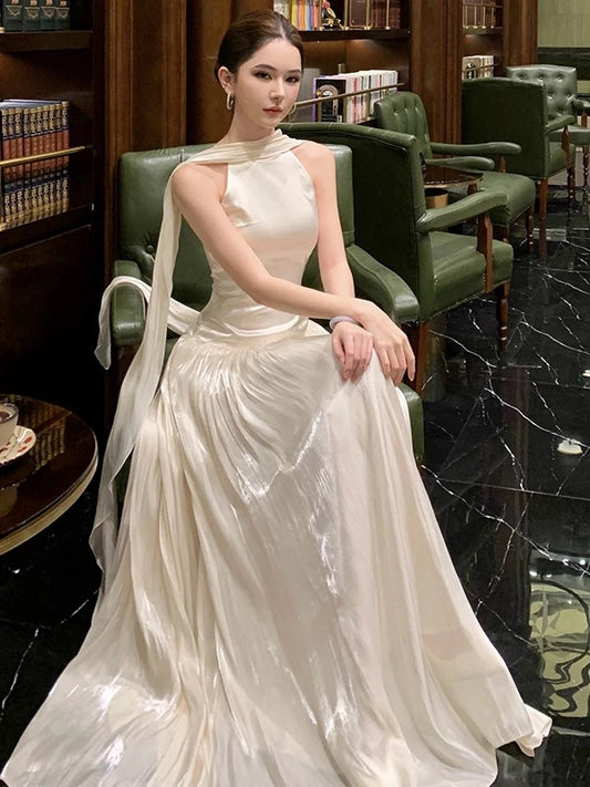 Ethereal Women's A Line High Neck White Black Maxi Dress Date Night Outfits Outdoor Semi Formal Wedding Guest Dresses RB5116