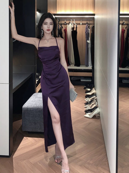 Dazzling Sheath Spaghetti Strap Purple Backless Satin Outdoor Semi Formal Garden Beach Event Outfits Wedding Guest Dresses RB5117