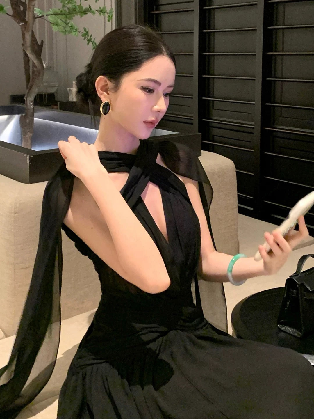 Beautiful A line Chiffon Black Tie Dress With Ruffled Long Date Night 18th Birthday Outfits Formal Prom Dresses RB5709