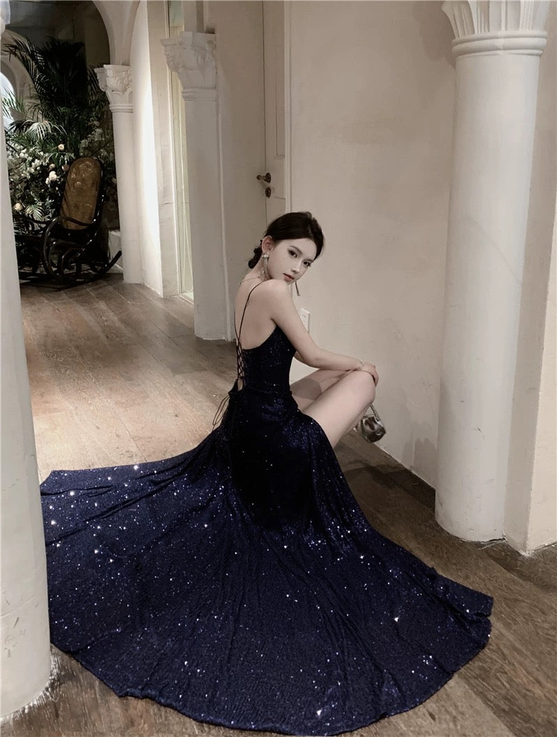 Mystical A Line Spaghetti Strap Navy Blue Sequin Slit Floor Length Date Night Outfits Formal Gown 18th Birthday Dresses RB5699