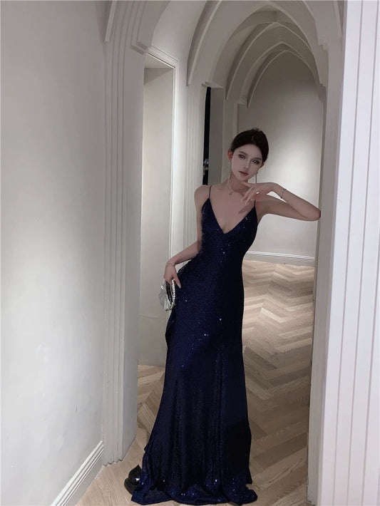 Mystical A Line Spaghetti Strap Navy Blue Sequin Slit Floor Length Date Night Outfits Formal Gown 18th Birthday Dresses RB5699