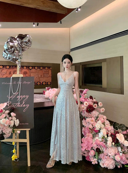 Sparkly A line Spaghetti Strap Sequin 18th Birthday Elegant Outfit Backless Slit Wedding Guest Dresses N4017