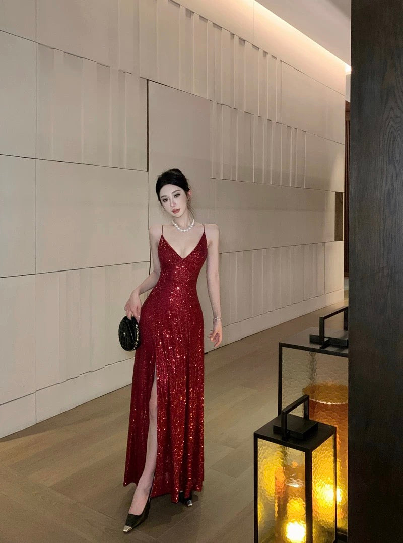 Glitzerndes A-Linien Spaghetti-Träger Pailletten Outfit zum 18. Geburtstag Elegant Sommer Lang Schlitz Brautjungfernkleider N4012