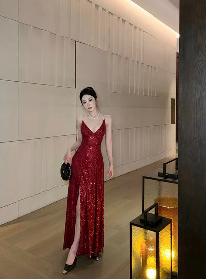 Mystical A Line Spaghetti Strap Navy Blue Sequin Slit Floor Length Date Night Outfits Formal Gown 18th Birthday Dresses RB5699