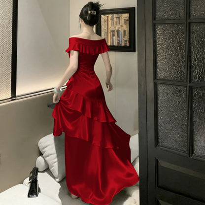 Sexy Mermaid Off The Shoulder Red Long Date Night 18th Birthday Outfits Formal Prom Dresses RB5698
