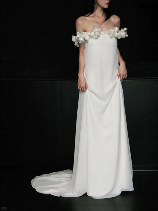 Charming A Line Off The Shoulder White Chiffon With Flowers Brides Gown Bridal Dress Long Wedding Dresses RB5711