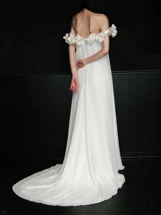 Charming A Line Off The Shoulder White Chiffon With Flowers Brides Gown Bridal Dress Long Wedding Dresses RB5711